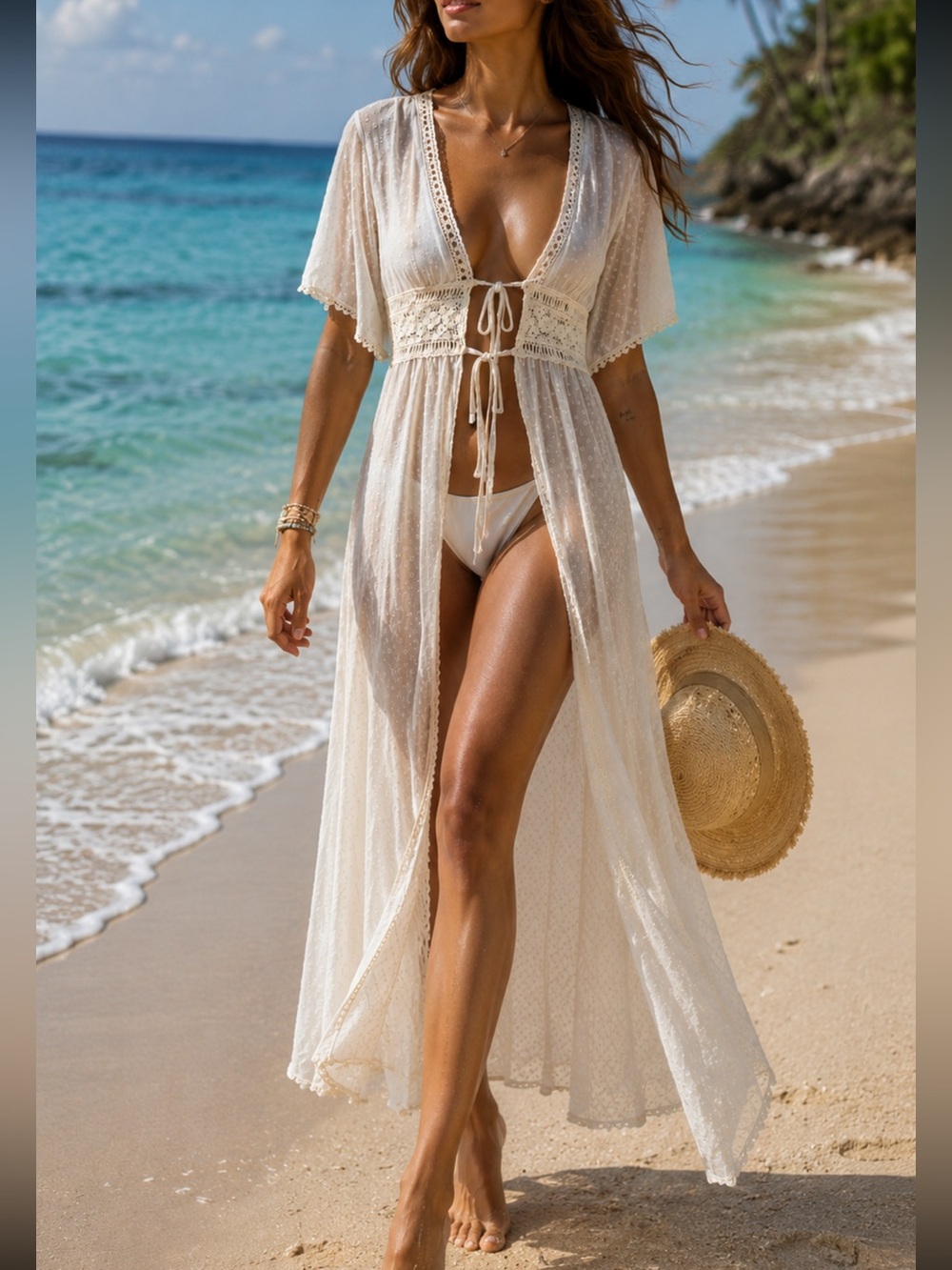 Sheer Ivory Beach Cover-Up Maxi with Crochet Waist